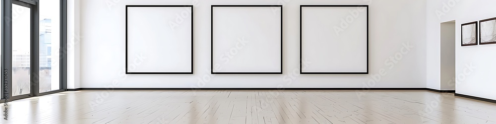 A spacious art gallery with a white wall, featuring three large empty black frames evenly spaced. The frames are the focal point of the room, inviting contemplation. A spacious art gallery with a white wall, featuring three large empty black frames evenly spaced. The frames are the focal point of the room, inviting contemplation.
