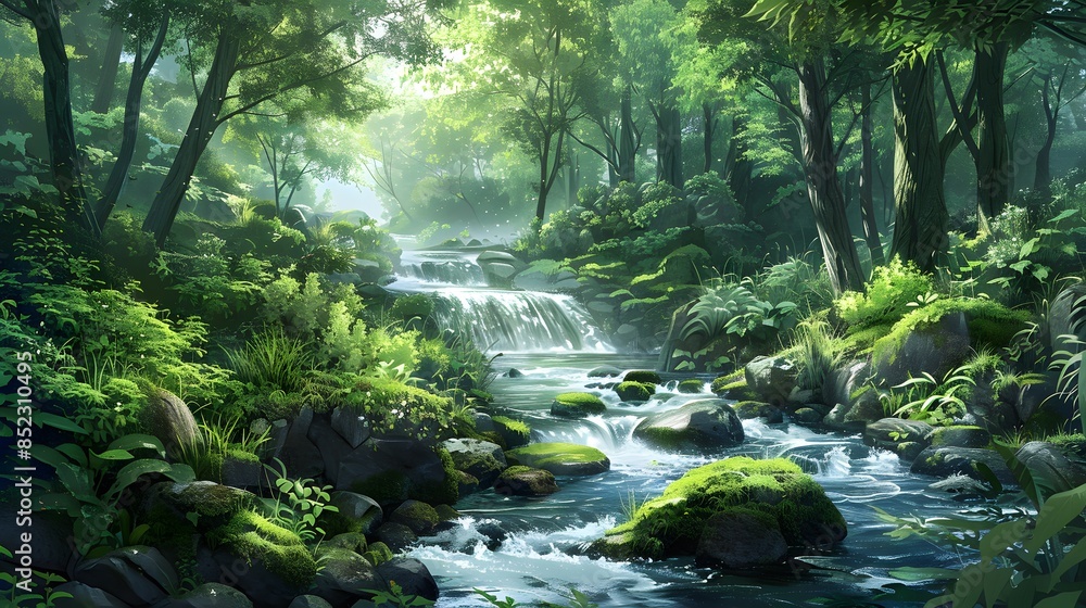 A serene forest scene with lush greenery and a flowing stream, embodying the tranquility of nature's beauty. A serene forest scene with lush greenery and a flowing stream, embodying the tranquility of nature's beauty.
