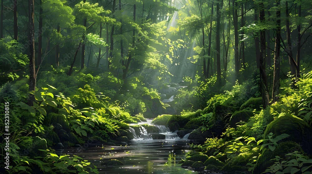 Fototapeta premium A serene forest scene with lush greenery and a flowing stream, embodying the tranquility of nature's beauty.
