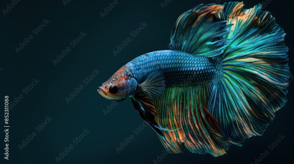 Fototapeta premium A brightly colored Betta fish, known for its flowing fins and aggressive nature, isolated against a dark background