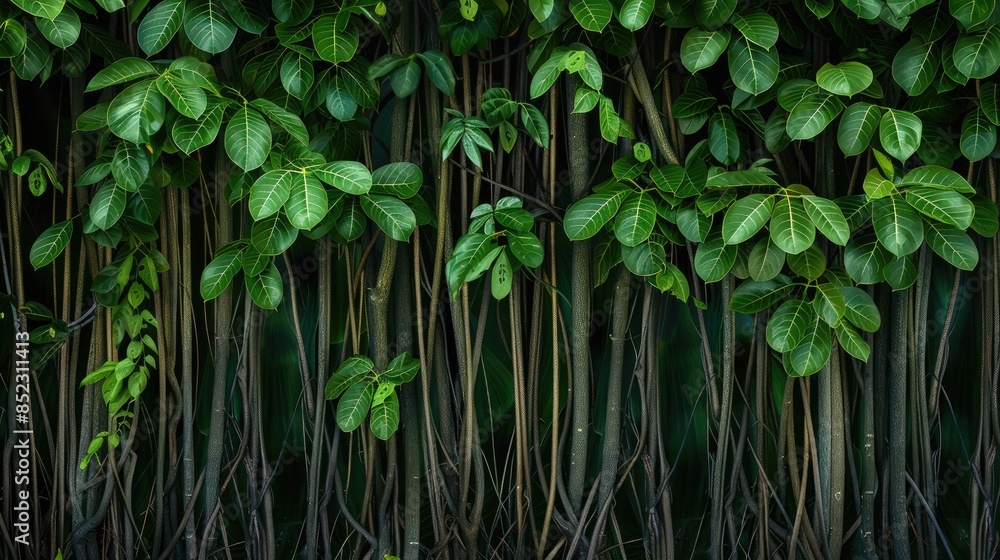 Wall covered with green leaves of banyan trees Wall covered with green leaves of banyan trees
