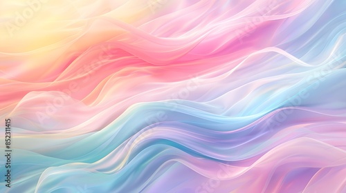 A soft pastel rainbow gradient background with swirling wavy lines, creating an ethereal and dreamy atmosphere. The colors range from light pink to sky blue.