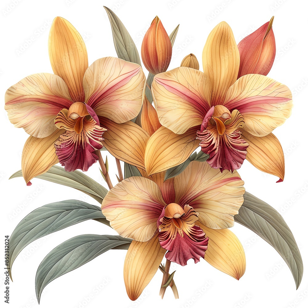 Fototapeta premium Beautiful illustration of yellow and pink orchids tropical flowers with green leaves, showcasing their delicate and intricate petal details.