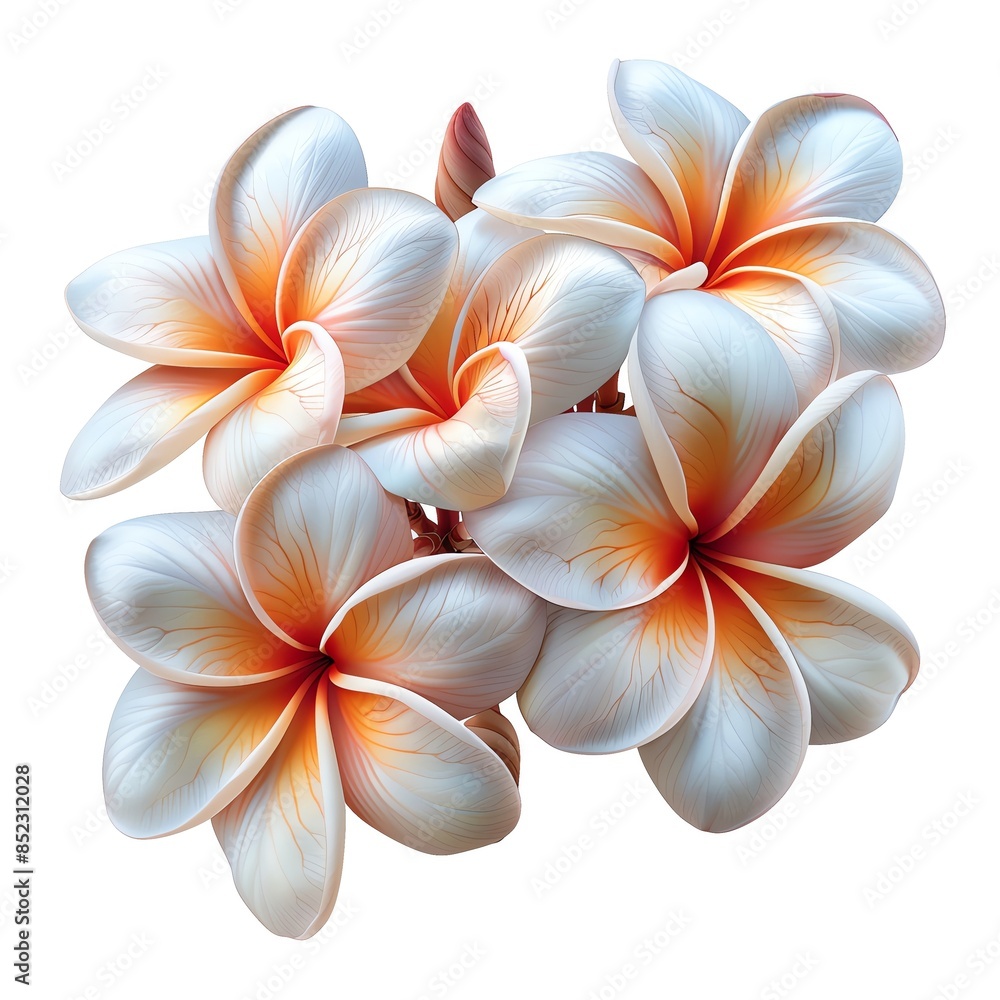 A tropical flowers beautiful white and orange frangipani flowers in full bloom, showcasing their vibrant colors and delicate petals. A tropical flowers beautiful white and orange frangipani flowers in full bloom, showcasing their vibrant colors and delicate petals.
