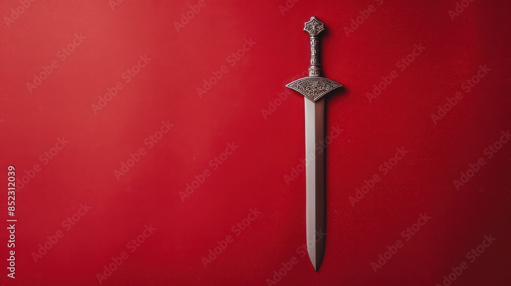 A medieval-style sword with an ornate hilt lying against a vibrant red backdrop, showcasing contrast and detail A medieval-style sword with an ornate hilt lying against a vibrant red backdrop, showcasing contrast and detail