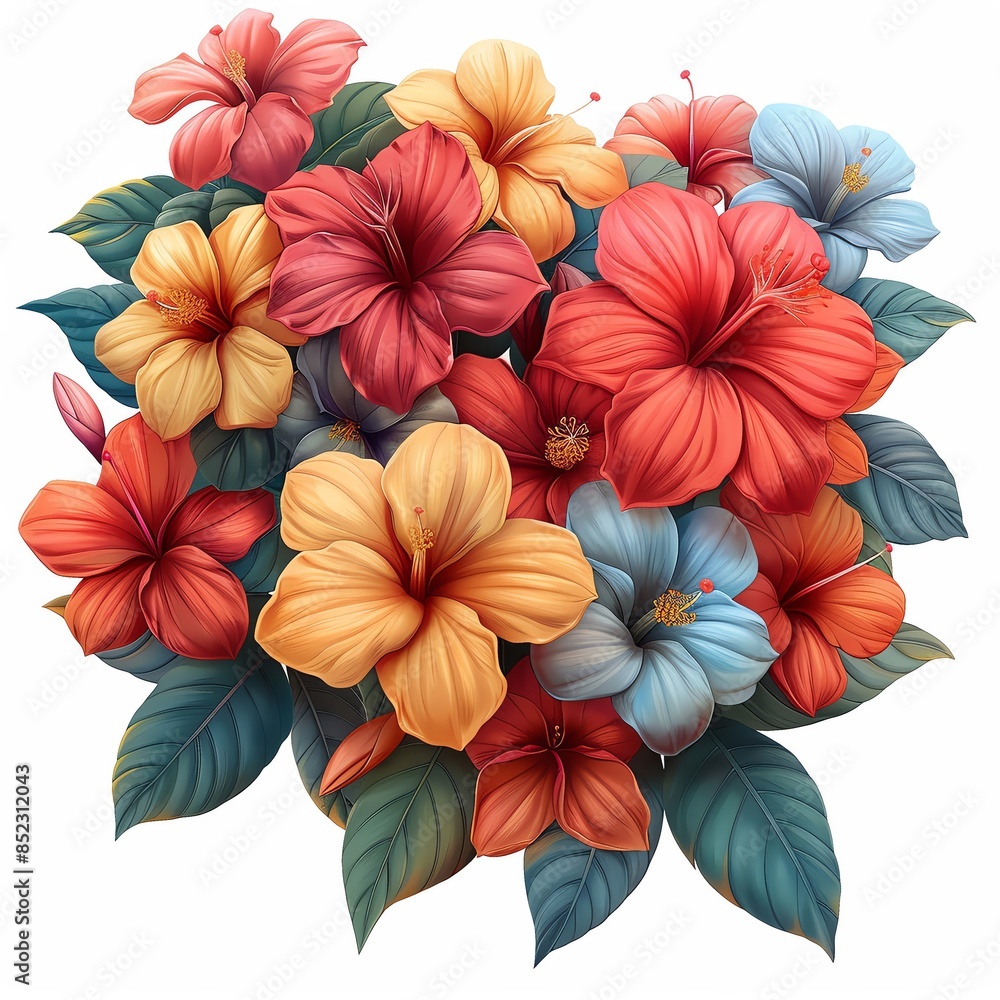 Obraz premium Vibrant tropical hibiscus flowers in red, orange, and blue hues surrounded by lush green leaves. Perfect for summer and floral themes.