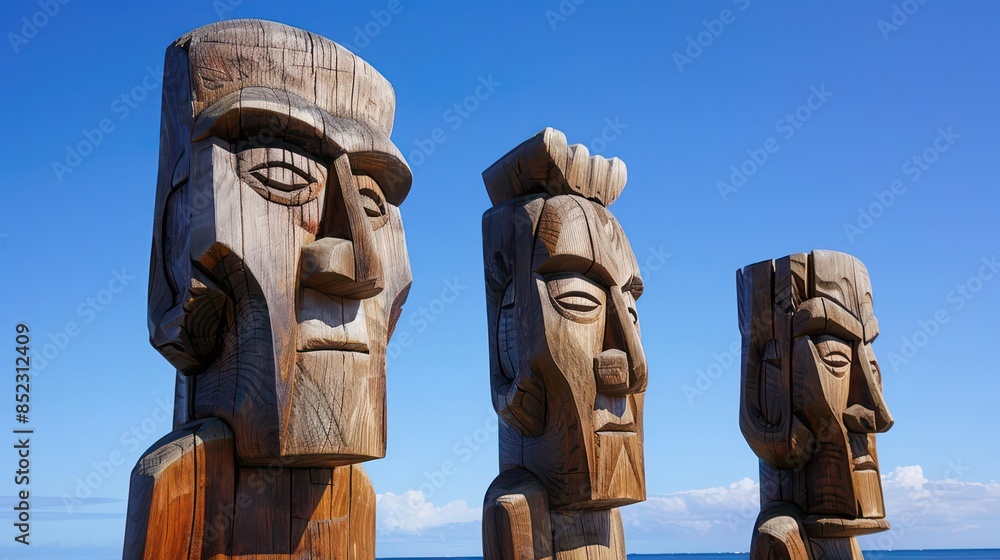 Three carved wooden figures with tribal designs prominently displayed against a clear blue sky with some clouds Three carved wooden figures with tribal designs prominently displayed against a clear blue sky with some clouds