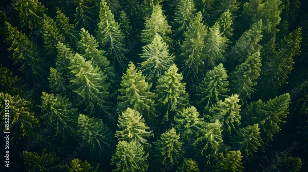 Aerial view of a forest, with tall trees in the foreground and background, seen from above. The scene is bathed in soft natural light.