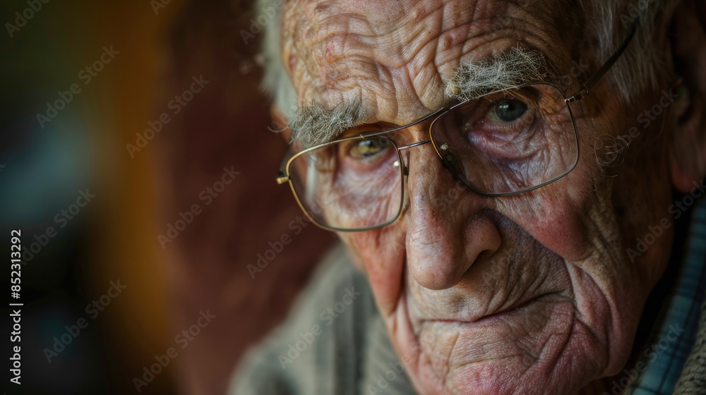 Close-Up Portrait of an Elderly Man with Glasses and Deep Wrinkles Close-Up Portrait of an Elderly Man with Glasses and Deep Wrinkles
