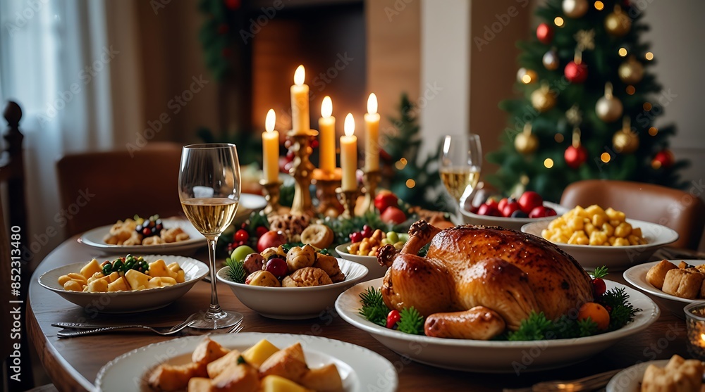 Festive Christmas Dinner Table With Roasted Turkey and Candles Festive Christmas Dinner Table With Roasted Turkey and Candles