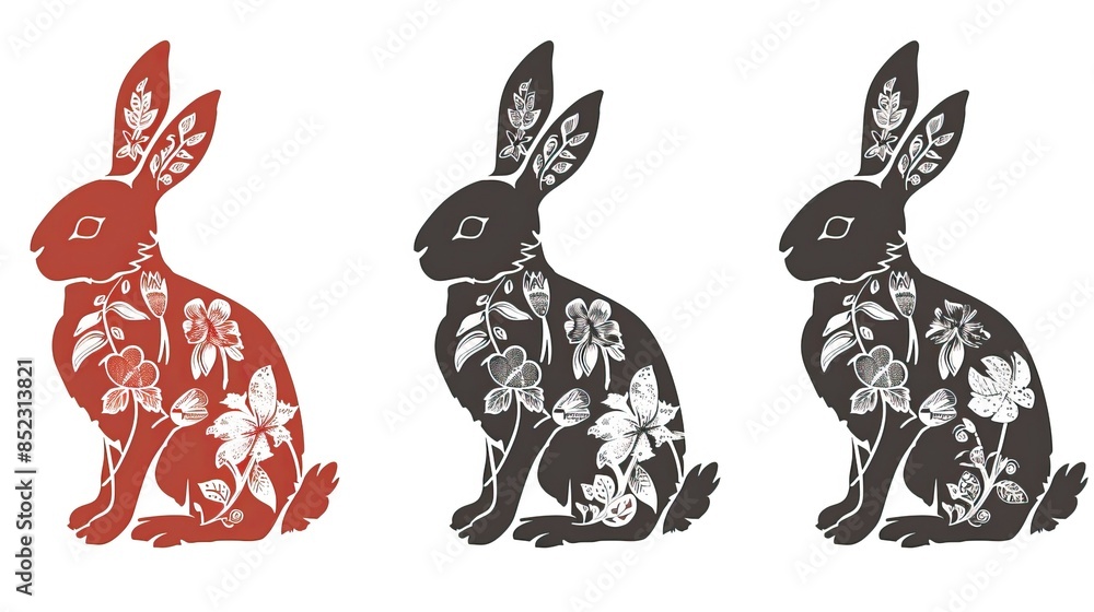 Obraz premium Lunar oriental rabbits. New chinese year of rabbit floral bunny silhouette