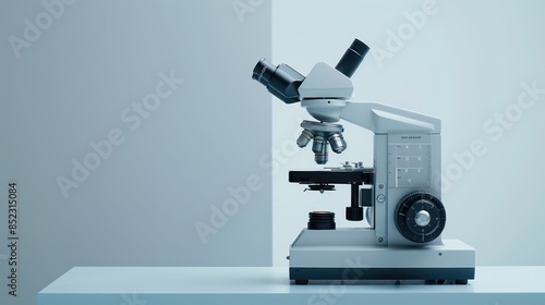 A minimalist composition of a microscope with digital displays showing magnified images, set against a simple backdrop. 