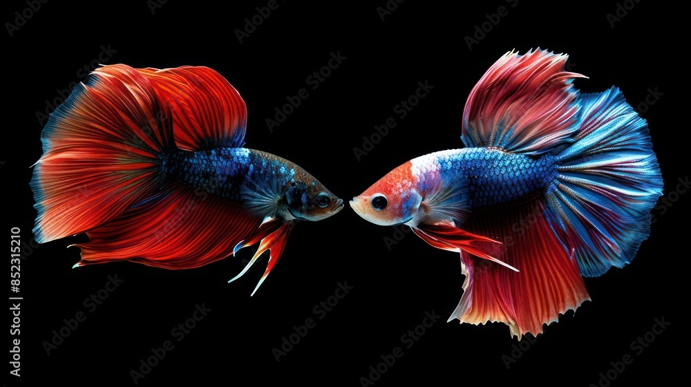Two vibrant betta fish, also known as Siamese fighting fish, are displaying their colorful fins and tails while facing each other against a black background Two vibrant betta fish, also known as Siamese fighting fish, are displaying their colorful fins and tails while facing each other against a black background