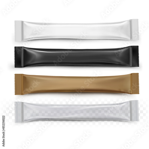 Mock Up. Sticks for sugar. Sachets. Black, white, kraft, transparent colors. Realistic illustration isolated on white background.