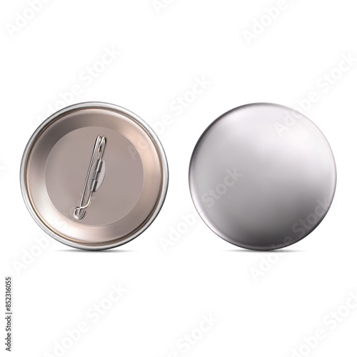 Mock Up. Silver round badge pin brooch. Realistic illustration isolated on white background.