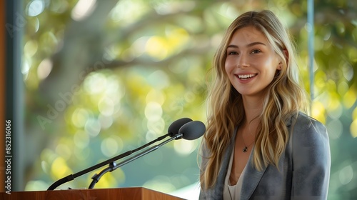 A female blonde model with long hair standing behind a podium at a university, smiling and speaking into a microphone on stage in front of students, wearing a light grey blazer. photo