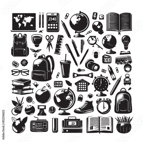 Back to School black glyph cartoon set. Learning school flat icon silhouette collection. First day school equipment, Education concept icon kit. Scissors, laptop, glasses book backpack, paints vector