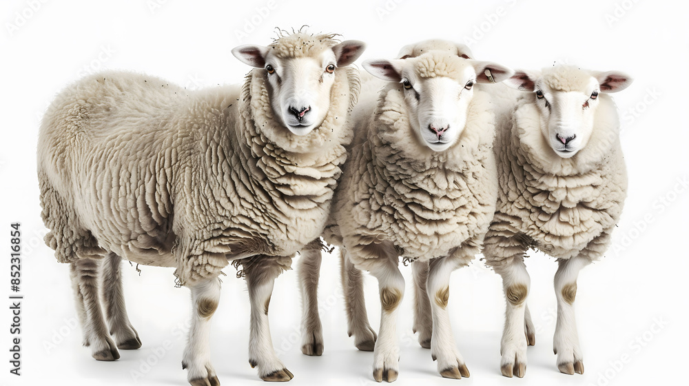 Fototapeta premium Three sheep standing isolated against a clean white backdrop
