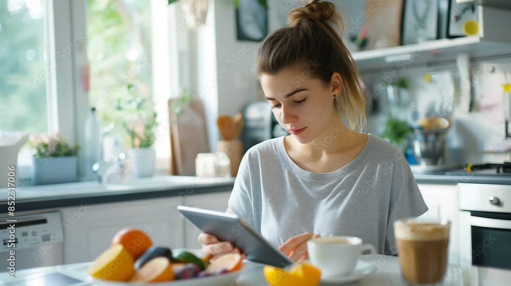 Young woman morning routine healthy breakfast coffee reading emails tablet bright modern kitchen Young woman morning routine healthy breakfast coffee reading emails tablet bright modern kitchen