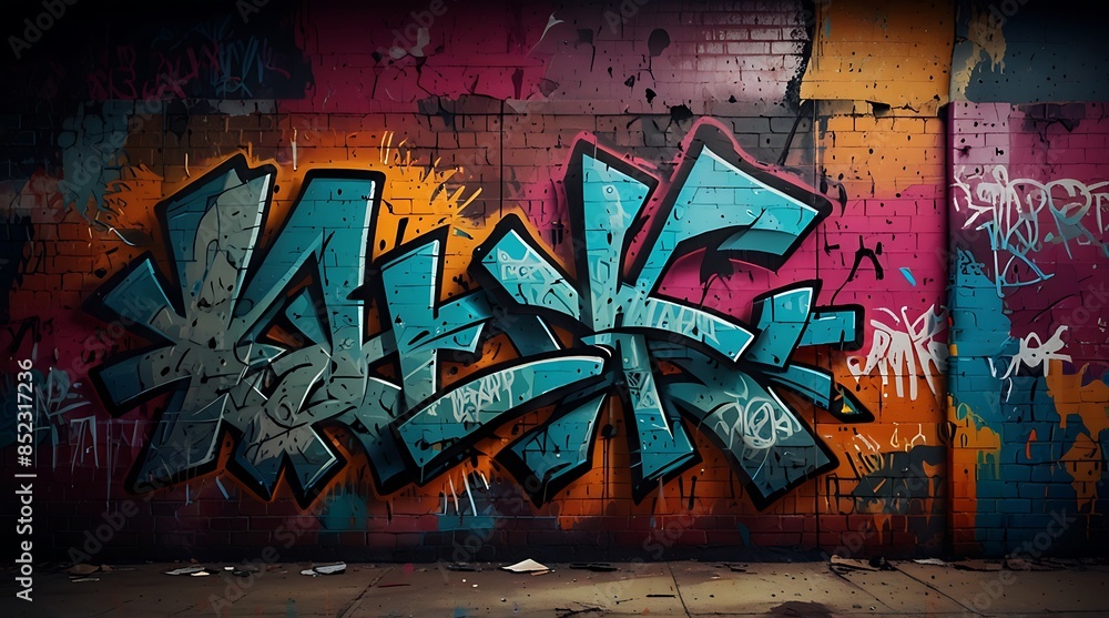 Fototapeta premium Colorful Graffiti Artwork On Brick Wall In Urban Alley