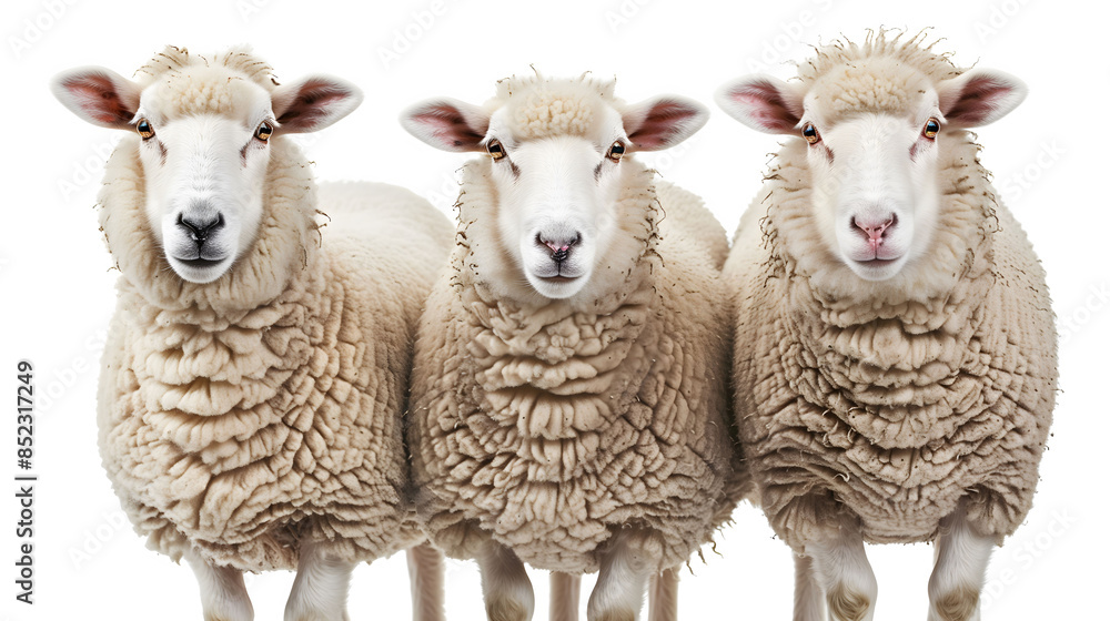 Fototapeta premium Three adorable sheep isolated on a pristine white background