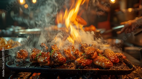 Closeup of the fire, surrounded by fried chicken wings with brown sauce on top, smoke rising from inside an old wooden kitchen, dark background.