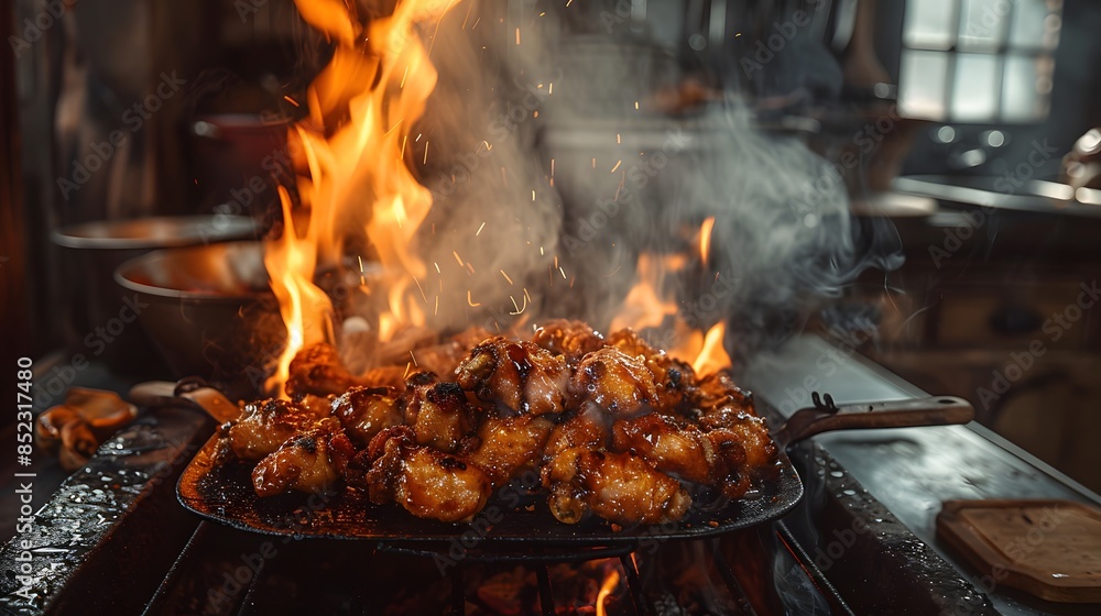 Closeup of the fire, surrounded by fried chicken wings with brown sauce on top, smoke rising from inside an old wooden kitchen, dark background. Closeup of the fire, surrounded by fried chicken wings with brown sauce on top, smoke rising from inside an old wooden kitchen, dark background.