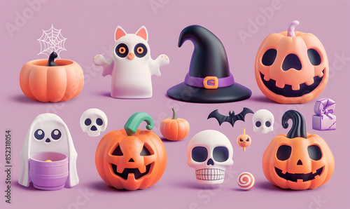 3d Cute kids Halloween set Happy pumpkin fun