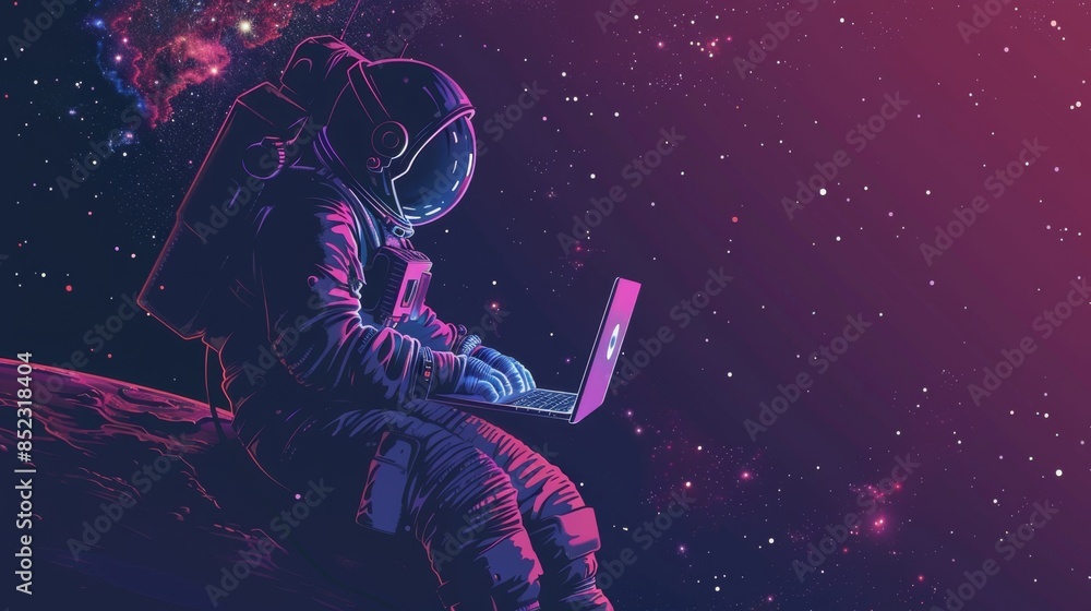 Naklejka premium Astronaut floating in space while working on laptop, banner with copy space available.