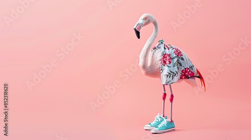 A photo of a flamingo wearing a hawaiian shirt, shorts, and sneakers. photo