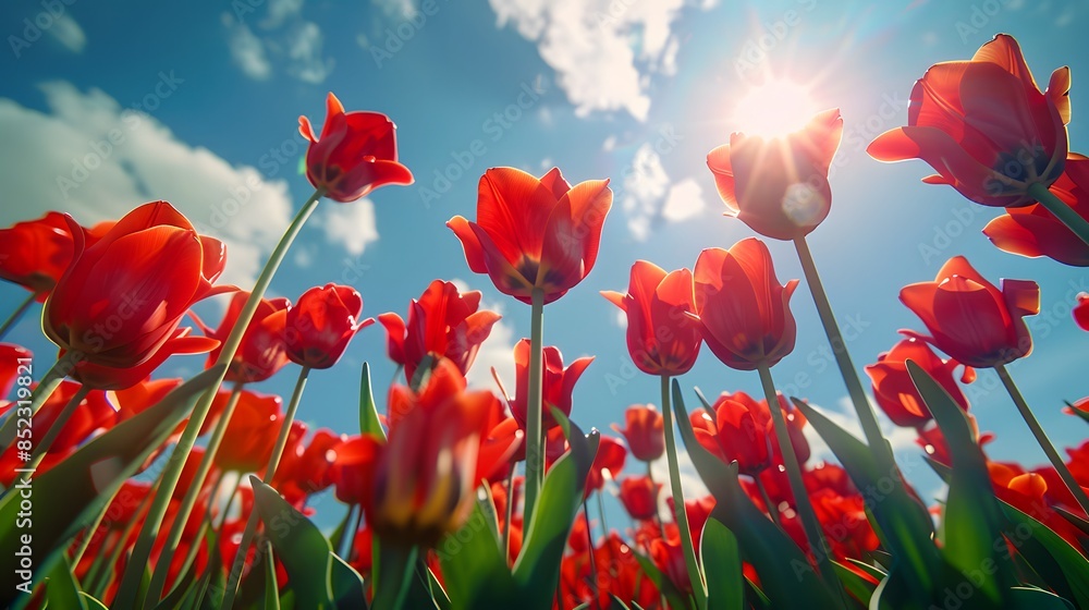 Obraz premium Red tulips in the sun, sky background, low angle view, wide shot, bright colors.