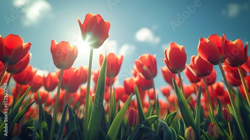 Red tulips in the sun, sky background, low angle view, wide shot, bright colors.