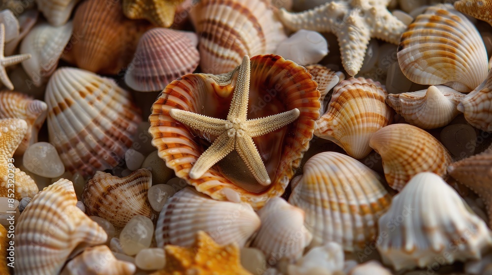 Heart shaped seashells with a tiny starfish inside Heart shaped seashells with a tiny starfish inside