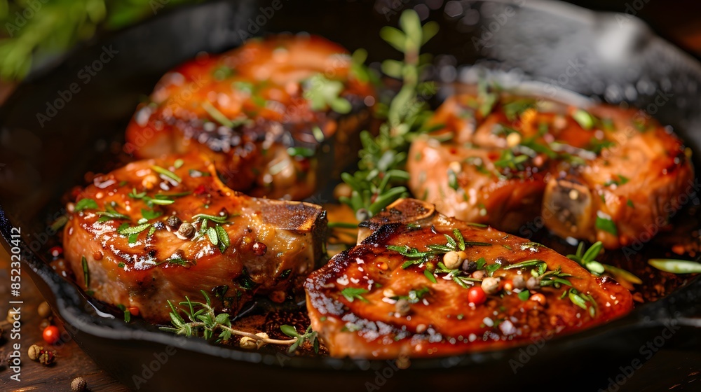 Sizzling cast iron skillets, perfectly seared pork Chops with rosemary and thyme garnish. This visual representation captures a moment in cooking, your journey through sumptuous food photography. Sizzling cast iron skillets, perfectly seared pork Chops with rosemary and thyme garnish. This visual representation captures a moment in cooking, your journey through sumptuous food photography.