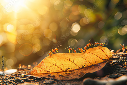 Close-up of ants carrying leaves to nest against sunlit background, embodying teamwork and collaboration concept photo