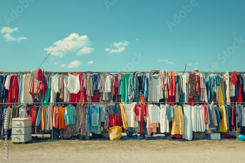 A colorful array of clothing hangs on a clothesline against a bright blue sky. photo