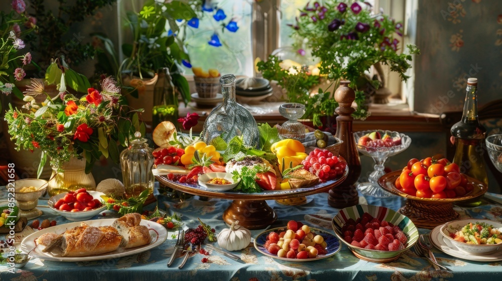 Festive summer dining table spread with assorted gourmet dishes, picnic feast ambiance. Festive summer dining table spread with assorted gourmet dishes, picnic feast ambiance.