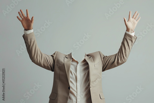 Conceptual portrait of headless man raising arms, demonstrating novelty promotion focusing on business aspect photo