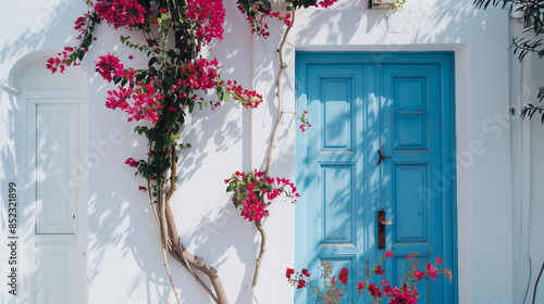 Fototapeta Naklejka Na Ścianę i Meble -  A blue door with a white trim sits in front of a tree with pink flowers. The door is open, inviting people to enter. The scene has a peaceful and welcoming atmosphere