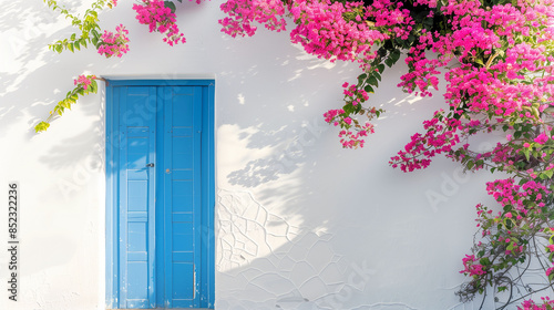 Fototapeta Naklejka Na Ścianę i Meble -  A blue door with a white trim sits in front of a tree with pink flowers. The door is open, inviting people to enter. The scene has a peaceful and welcoming atmosphere