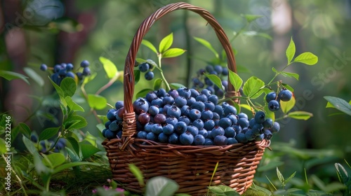 Blueberries that are ripe are placed in a basket woven from wicker in a forest during summer