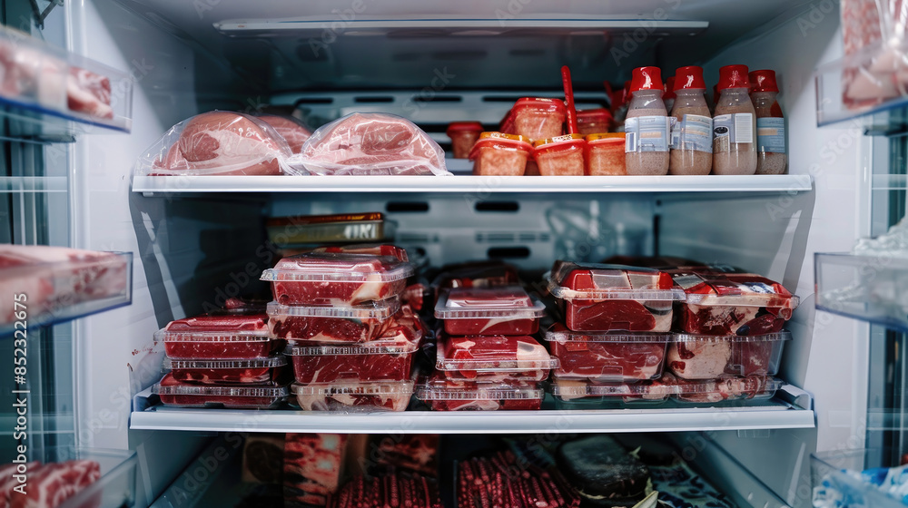 Freezer Shelves Stocked with Frozen Meat and Packed Lunch Boxes Freezer Shelves Stocked with Frozen Meat and Packed Lunch Boxes