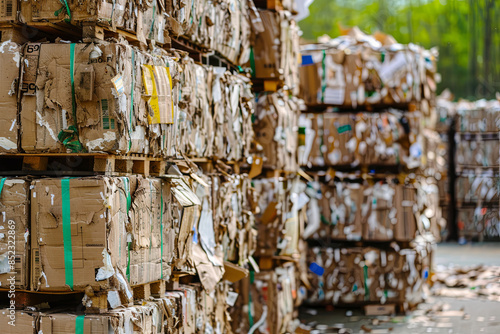 Stacks of cardboard bales ready for recycling, promoting sustainability and responsible waste management photo