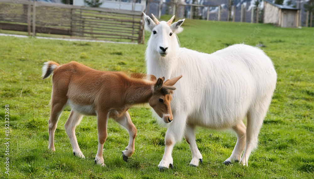 white goat mother and brown baby, for Mother's Day, AI white goat mother and brown baby, for Mother's Day, AI