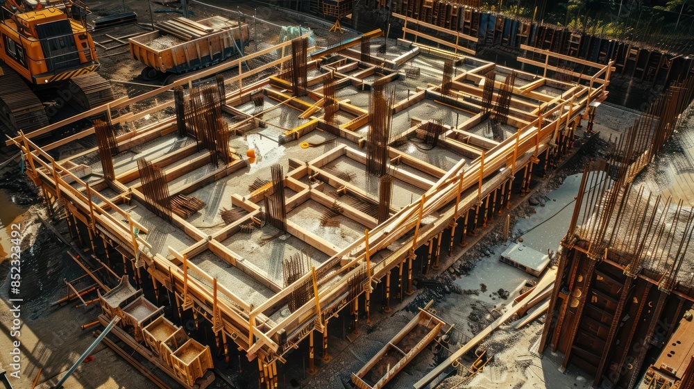construction site with the foundations and wooden formwork clearly visible construction site with the foundations and wooden formwork clearly visible