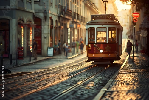 Vintage Tram Rolling Through Sunlit City Streets