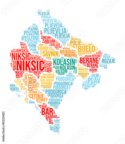 Montenegro Word Cloud. Country shape with region division. Montenegro typography style image. Region names tag clouds. Vector illustration. photo