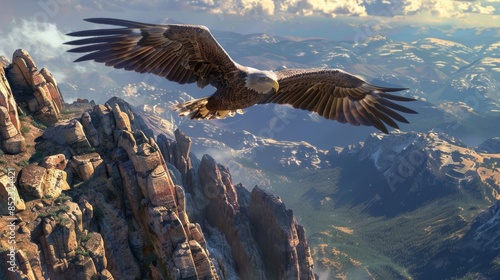 Optimized Metadata Sentence: Regal bald eagle soaring above rugged cliffs, scanning for prey in vast expanse below, embodying avian predation and aerial hunting.