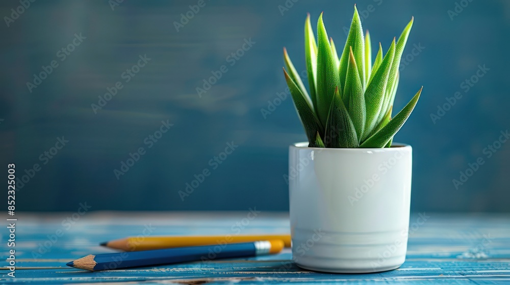A faux succulent plant sits in a white pot beside a yellow pencil on a blue wooden textured desk, evoking a calm workspace A faux succulent plant sits in a white pot beside a yellow pencil on a blue wooden textured desk, evoking a calm workspace
