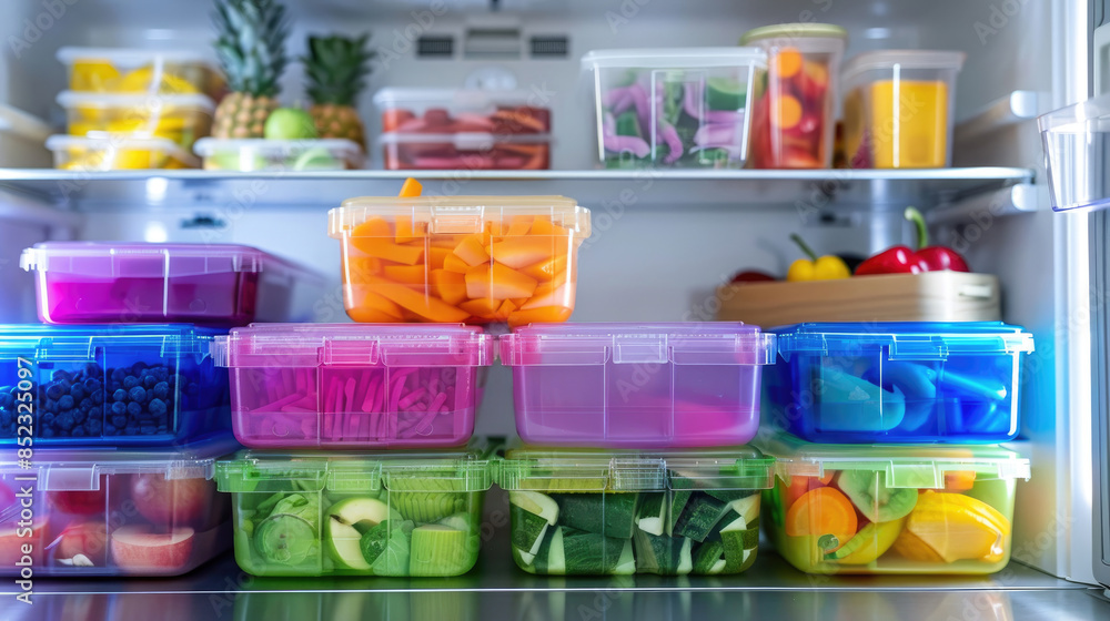 Freezer Shelves Stocked with Frozen Meat and Packed Lunch Boxes Freezer Shelves Stocked with Frozen Meat and Packed Lunch Boxes